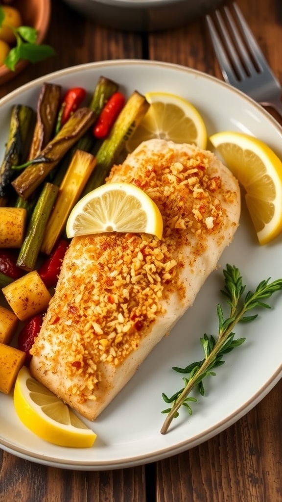 Baked Mahi Mahi fillet with crispy Parmesan crust, garnished with lemon, on a wooden table with roasted vegetables.